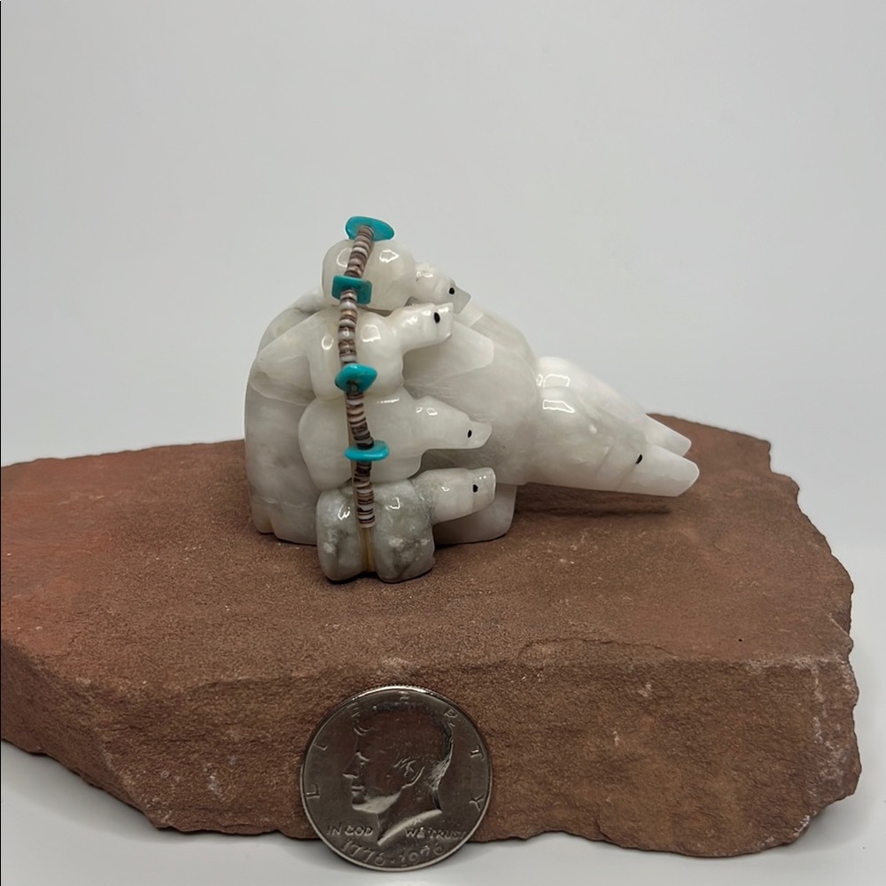 White Stone Bear family Figurine with Turquoise Accents